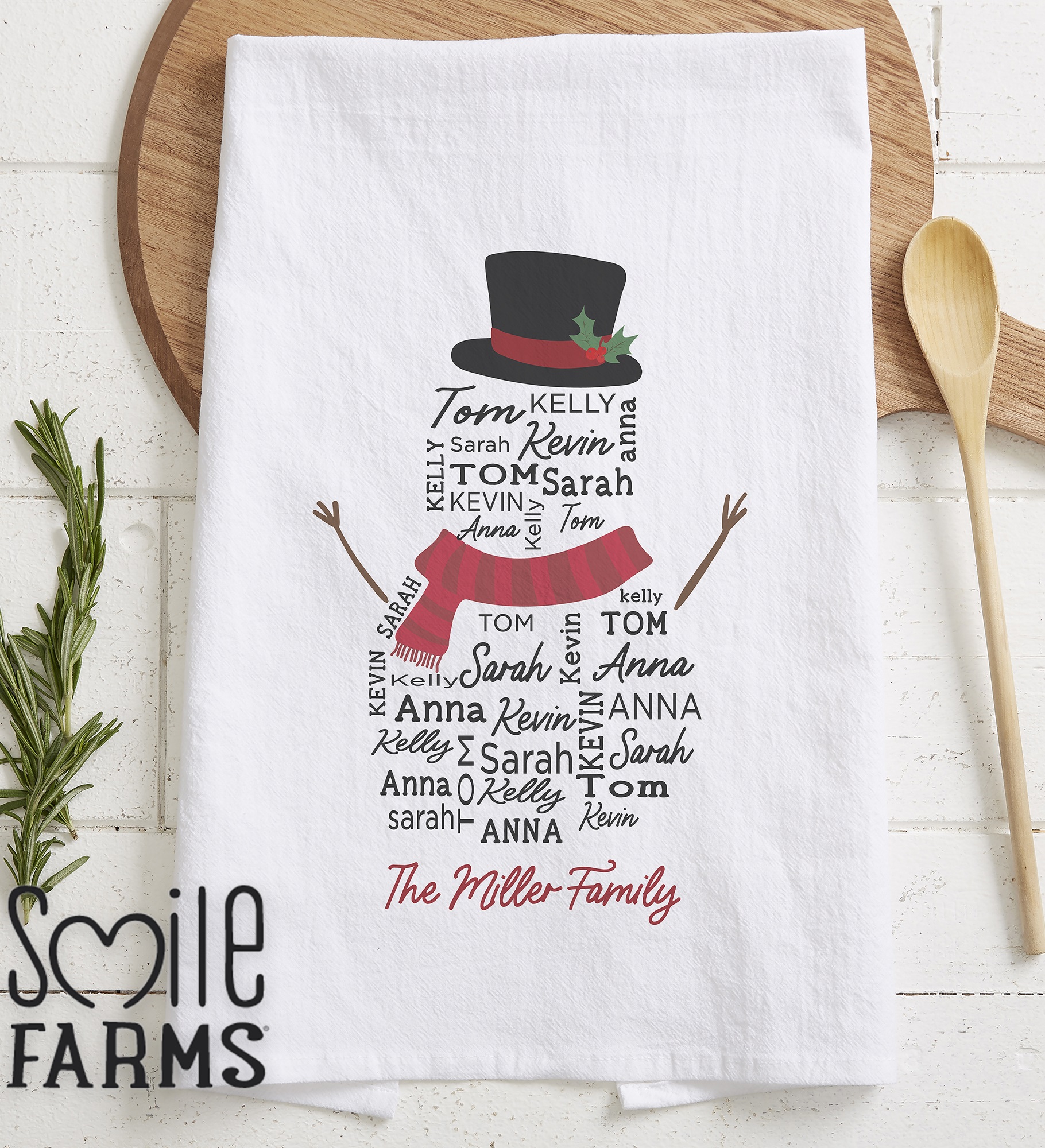 Smile Farms - Snowman Repeating Name Personalized Christmas Tea Towel